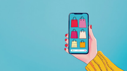 A hand holds a phone showing a shopping app. The design is simple, using dots, lines, and shapes. It represents online shopping on a blue background.