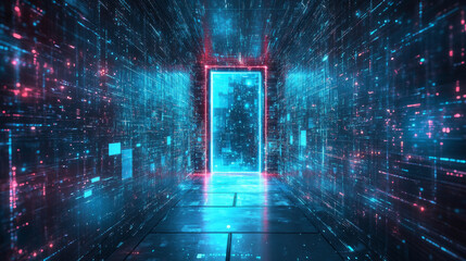 Poster - Imagine a door that leads to other realities, glowing with digital signals. It's a futuristic gateway to a virtual city, a portal to a parallel world.