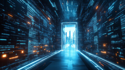 Wall Mural - Imagine a door that leads to other realities, glowing with digital signals. It's a futuristic gateway to a virtual city, a portal to a parallel world.