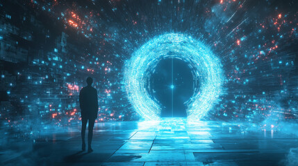 Poster - Imagine a door that leads to other realities, glowing with digital signals. It's a futuristic gateway to a virtual city, a portal to a parallel world.