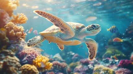 A sea turtle swimming in tropical sea with coral reef