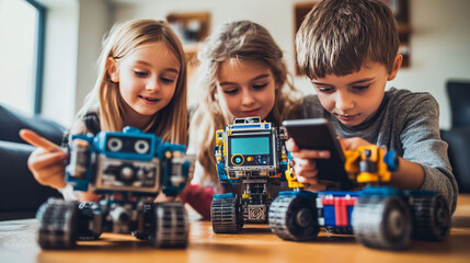 Poster - Kids can learn about science, technology, engineering, and math (STEM) by building and controlling toy robots with their phones.  They can learn to code and engineer while having fun with robotics.