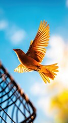 A vibrant yellow bird soaring into the clear blue sky, symbolizing freedom and new beginnings, with a bright sunlit background.