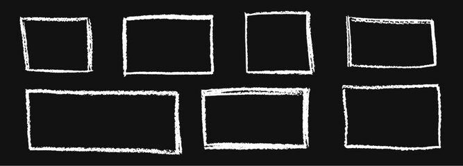 Wall Mural - set of white chalk hand drawn frames. collection of writing on black board by children rectangular a