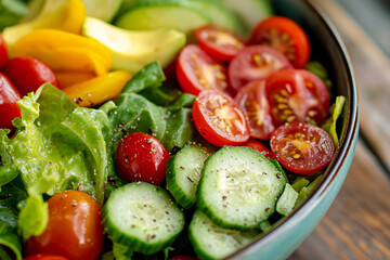 Healthy raw salad with tomatoes, cucumber and lettuce in bowl