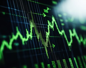 Poster - Close-up of financial data on a computer screen reflecting stock market trends with green graphical lines and arrows indicating changes.