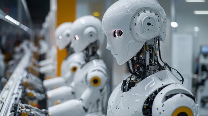 Poster - Robots powered by AI are working in factories. These robots, which look like humans, control robotic arms to build things. This is part of Industry 4.0, where AI is changing manufacturing.