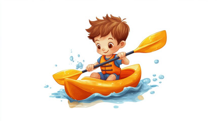 Poster - Cute cartoon charactor of a boy kayaking in water