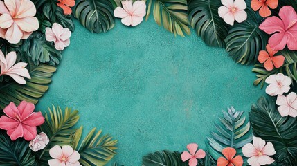 A vibrant tropical frame featuring colorful flowers and lush green leaves against a turquoise background.