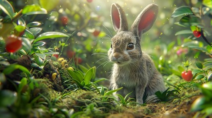 A cute rabbit sits in a lush green forest, surrounded by berries and sunlight.