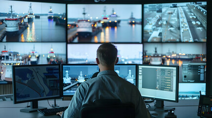Poster - Two Digital Computer Screens with Surveillance CCTV Video in a Harbour Monitoring Center with Multiple