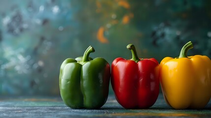 vibrant display of three bell peppers in green, red, and yellow, lined up on a textured surface against a rustic background. Perfect for food photography, culinary designs, or healthy eating