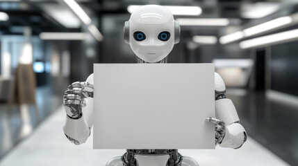 Poster - A robot that looks like a woman is holding up a blank sign. She's presenting a business report about artificial intelligence (AI). The robot is also able to talk and answer questions.