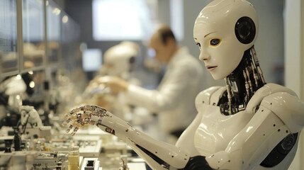Poster - A robot that looks like a woman is working on a factory production line. It's controlled by AI and uses robotic arms. This is a picture of how technology is changing manufacturing today.