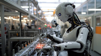 Poster - A robot that looks like a woman is working on a factory production line. It's controlled by AI and uses robotic arms. This is a picture of how technology is changing manufacturing today.