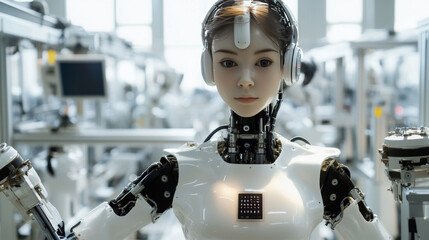 Poster - A robot that looks like a woman is working on a factory production line. It's controlled by AI and uses robotic arms. This is a picture of how technology is changing manufacturing today.