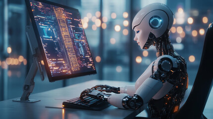 Poster - A robot woman, powered by artificial intelligence, sits at a desk working on a computer. She's using a powerful computer with a complex display to help develop software.