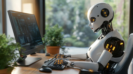 Poster - A robot woman with artificial intelligence sits at a desk, working on a computer.  She's a cyborg, and she's using a powerful desktop computer.