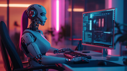 Poster - A robot woman with artificial intelligence sits at a desk, working on a computer.  She's a cyborg, and she's using a powerful desktop computer.