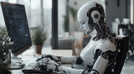 Poster - A robot woman with artificial intelligence sits at a desk, working on a computer.  She's a cyborg, and she's using a powerful desktop computer.