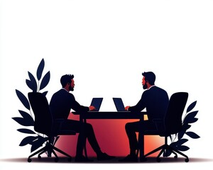 Poster - Two professionals facing each other at a desk with laptops, discussing business in a modern office environment.