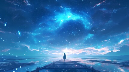 Wall Mural - A silhouette of a figure stands on a pier under a breathtaking cosmic sky.