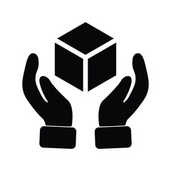 Poster - Hand holding box icon set. give package box sign. giving surprise gift icon in black filled,  parcel home delivery vector symbol, 