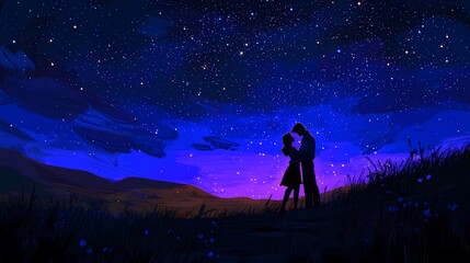 Wall Mural - A romantic silhouette of a couple against a starry night sky.