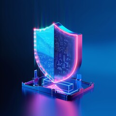 Poster - Futuristic neon shield symbolizing cybersecurity and data protection in a digital world on a blue background.