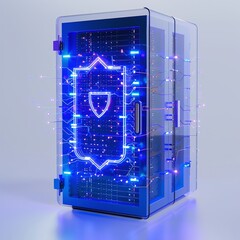 Wall Mural - Futuristic server rack with cyber security shield icon, glowing blue lights, and digital network connections.