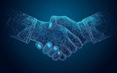 Poster - Business partnership concept on blue technology background. Abstract two hands in lines, dots, and triangles. Polygonal grid 3D illustration. Low poly wireframe.