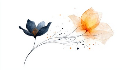 A beautiful watercolor floral illustration featuring two delicate flowers in soft orange and dark blue tones.