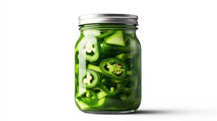 A close-up of a glass jar filled with sliced green peppers, isolated on a white background, showcasing vibrant color and freshness.