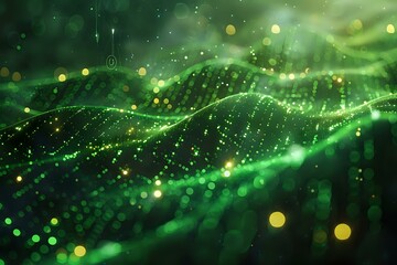 Poster - digital landscape of glowing green waves and dots, resembling a futuristic grid or network. This abstract scene evokes concepts of technology, data, and connectivity. Ideal for backgrounds