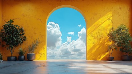 Wall Mural - abstract backgroun white clouds fly outside the blue arch on the yellow wall modern fantasy wallpaper