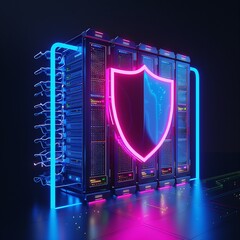 Wall Mural - Neon-lit servers with a glowing shield, symbolizing cybersecurity and data protection in a modern digital environment.