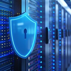 Poster - Secure server room with a glowing shield icon representing data protection and cybersecurity. High-tech server racks with blue lights.