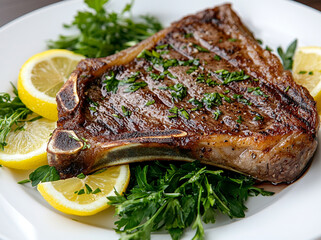 A whole grilled T-Bone steak on a white plate with lemon and herbs.