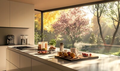 Modern Kitchen with Floor-to-Ceiling Windows Facing a Blooming Garden, Set for Breakfast with Fresh Fruit and Coffee