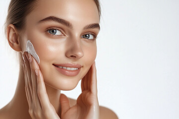 A beautiful woman close-up, facial skin care display