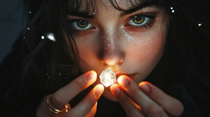 The individual focuses on a small glowing crystal held delicately between her fingers, her bright eyes reflecting curiosity and wonder in low light