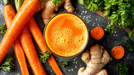 Wall Mural - Vibrant carrot and ginger juice with fresh ingredients on a rustic table