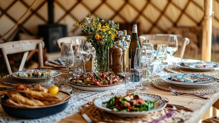 Wall Mural - A beautifully set dining table inside a yurt, with a complete meal and stylish tableware.