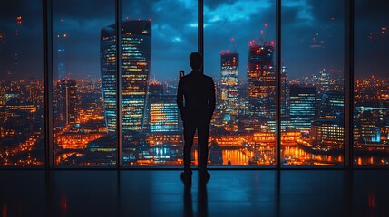 a businessman with smartphone standing against night london view panorama