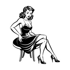 A pin-up girl with a stunning dress and stilettos sits on the chair vector illustration