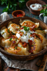 Wall Mural - Pierogies with bacon and sour cream in a wooden bowl on a table.