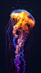 A vibrant, bioluminescent jellyfish with long, flowing tentacles against a dark background.
