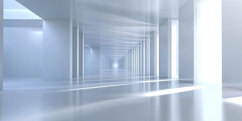 A long, empty, white corridor with a bright light at the end, creating a sense of depth and perspective.