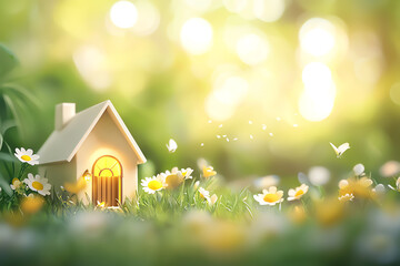 a charming miniature house surrounded by vibrant flowers, radiating warmth and innocence in a serene
