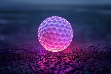 Wall Mural - A glowing golf ball with vibrant pink and purple lighting, set against a dark textured surface. Perfect for sports branding, modern design projects, and futuristic concepts.